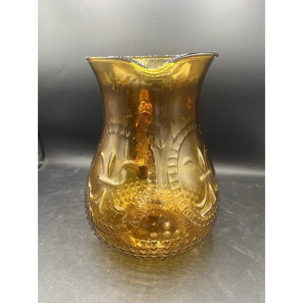 Vintage Zrike Renaissance Amber Glass Pitcher 90 oz 9.5” Embossed Glass